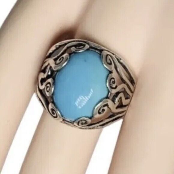 Blue Turquoise 925 Sterling Silver Ring Size 10 Firoza Israel Cabochon - Picture 4 of 16
